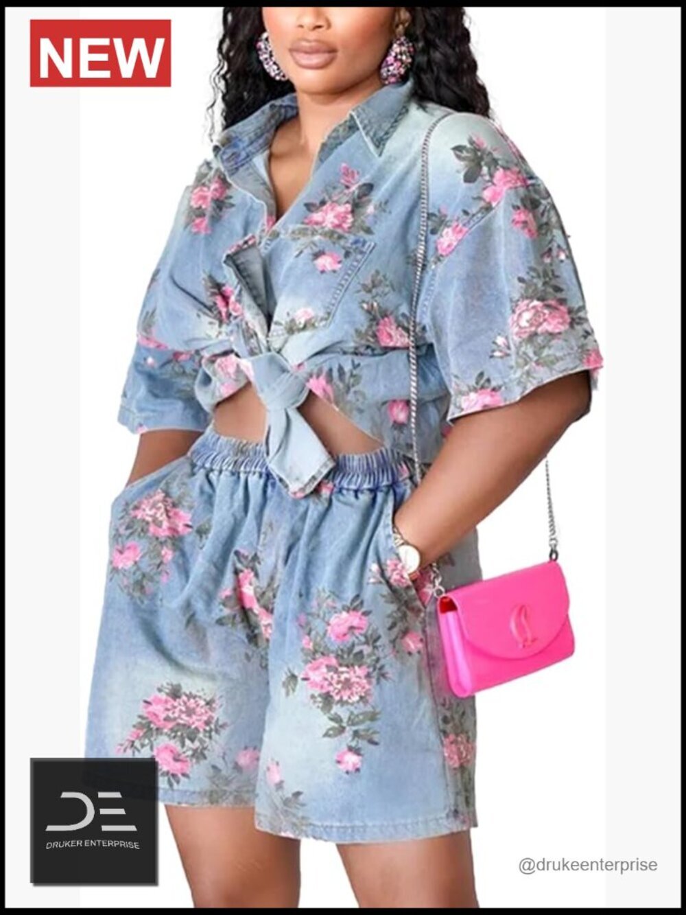 Denim 2 Piece Set Floral Print Short Sleeve Distressed Shirt Elastic Waist